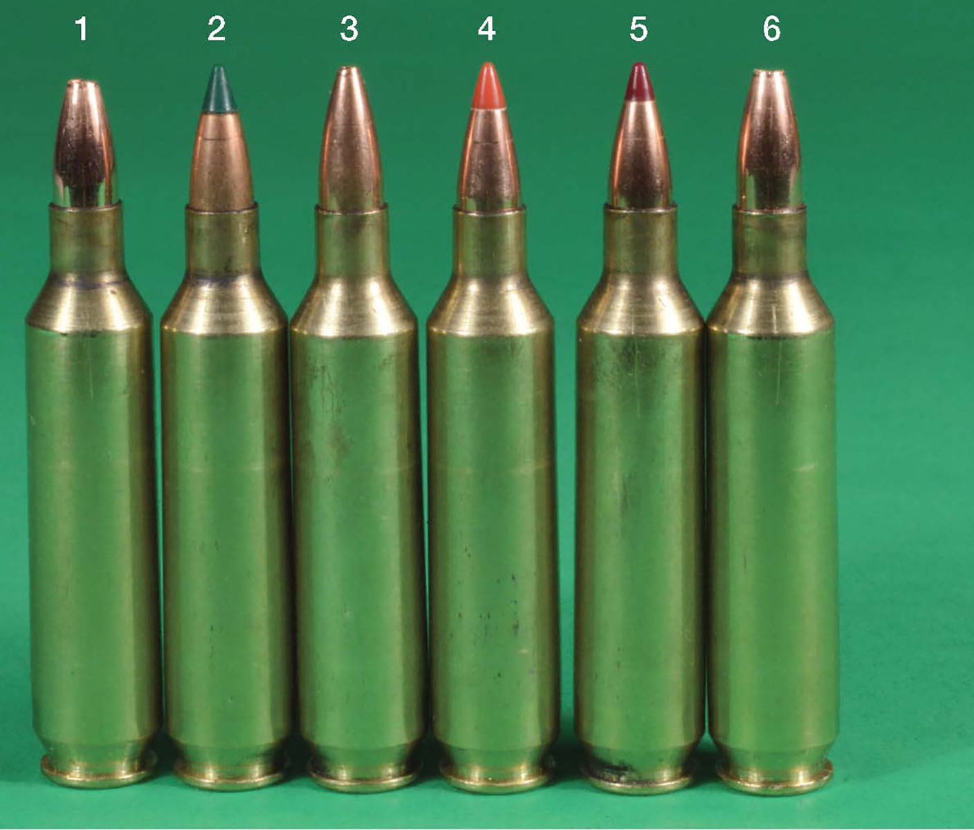 These 20 Nosler loads contain the (1) Barnes 26-grain Varmint Grenade, (2) Sierra 32 BlitzKing, (3) Barnes 32 Varmin-A-Tor, (4) Hornady 32 V-MAX, (5) Nosler 32 Ballistic Tip Varmint and the (6) Nosler 32-grain Varmageddon.